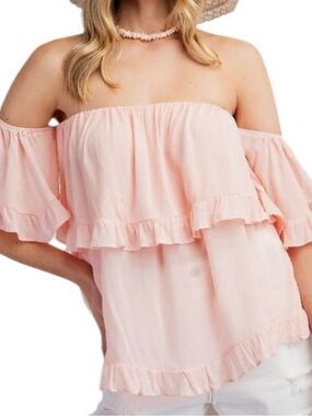 Easel Medium blush pink off the shoulders blouse.
